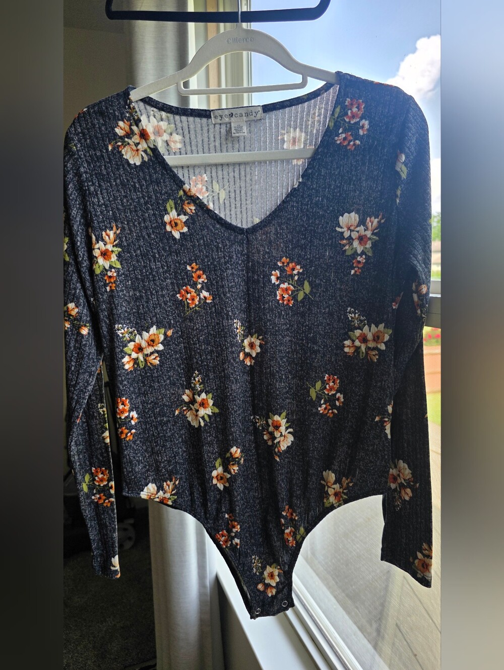 Gray Floral V-Neck Long Sleeve Bodysuit